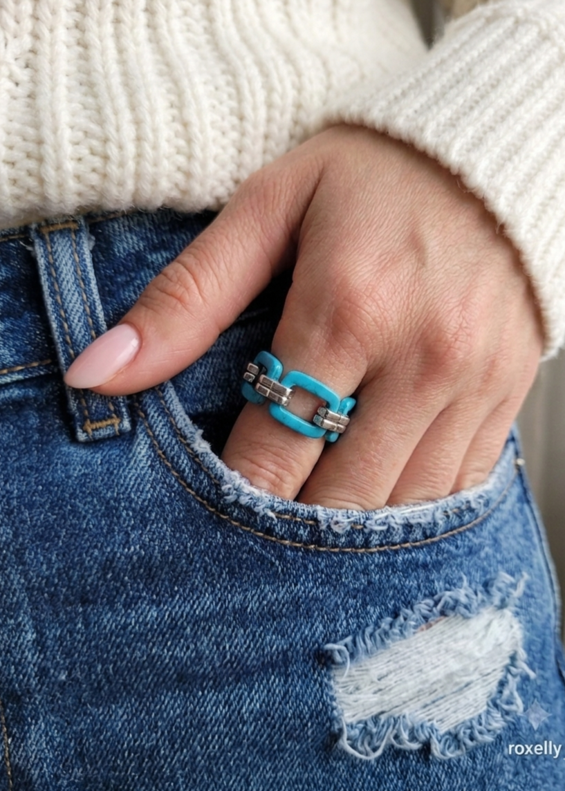 Turquoise Flexible Link Ring in 925 Sterling Silver, Size 8, Colleen Lopez HSN Statement Jewelry 👌🎁