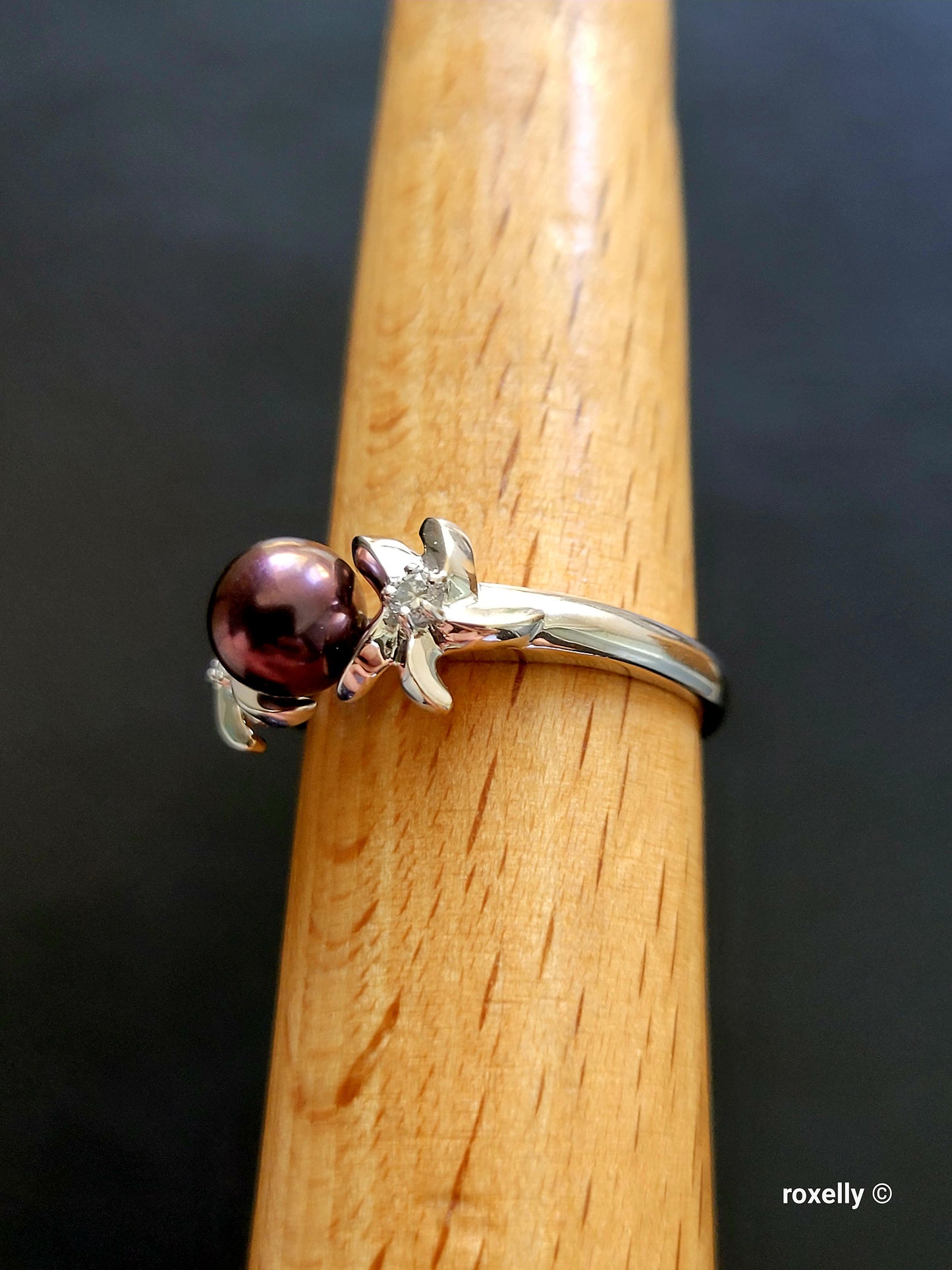 14K White Gold Purple Fresh-Water Pearl and Diamonds Ring Size 8.75 Solid Gold