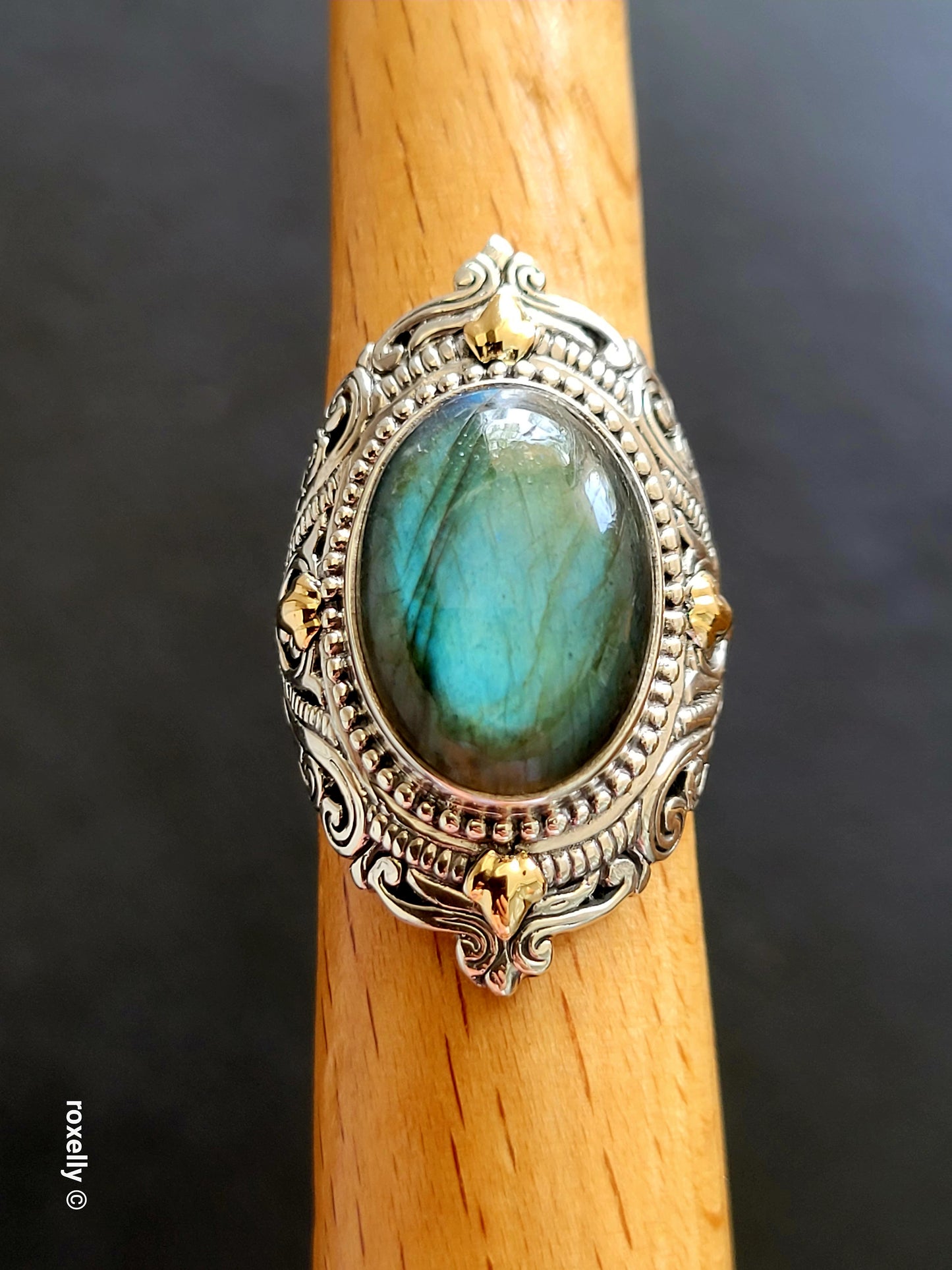 925 Sterling Silver and 18K Solid Gold Labradorite Gemstone Ring Size7!