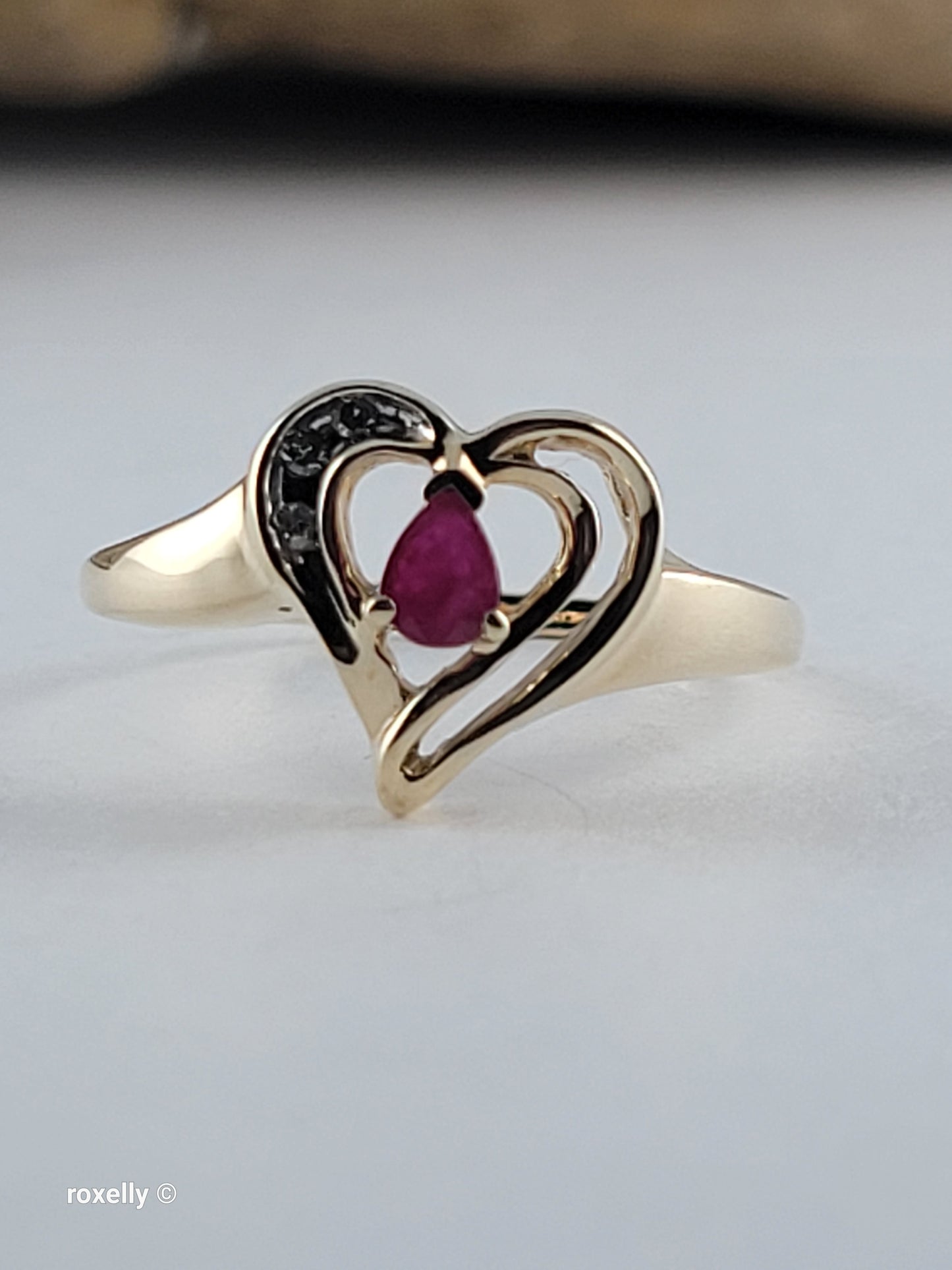 10K Yellow Gold Heart-Shaped Ruby and Diamonds Ring Size 7, Solid Gold