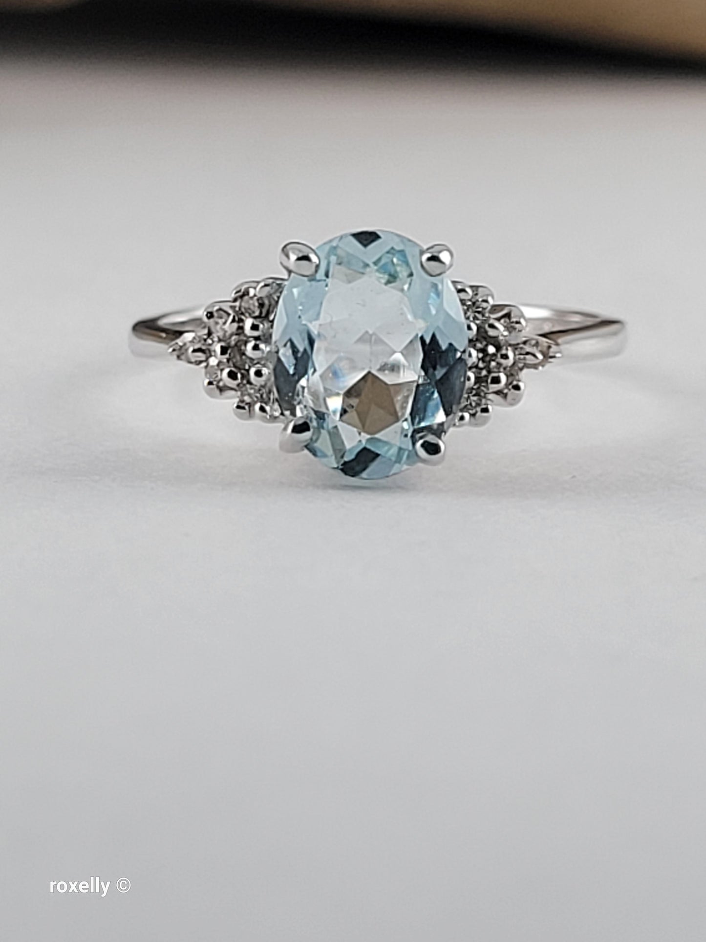 10K White Gold Aquamarine and Diamonds Ring Size 6.75, Solid Gold