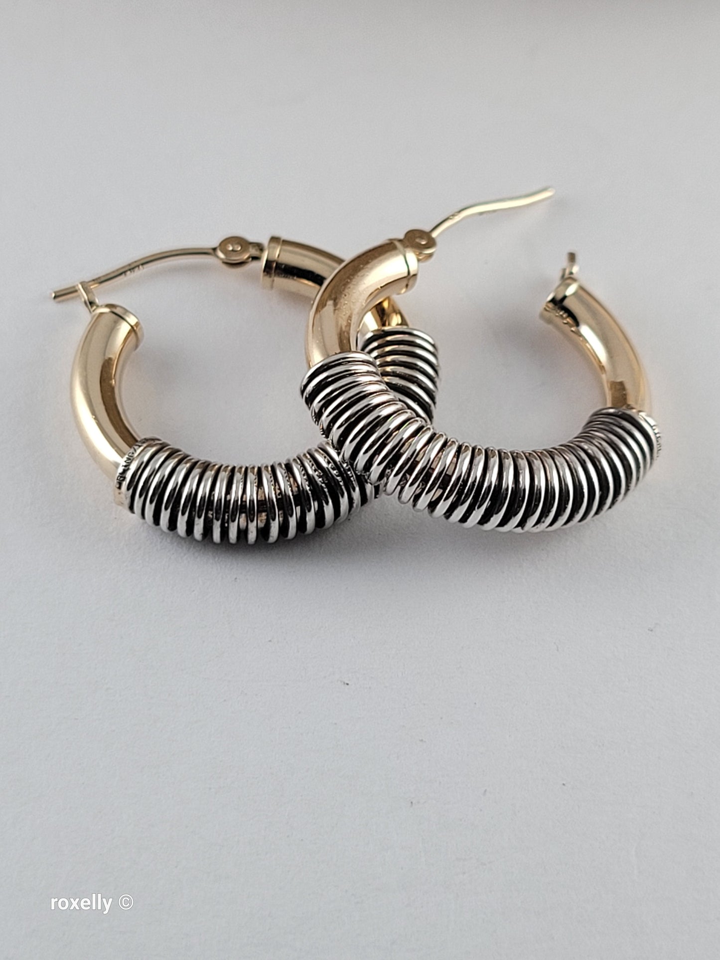 14K Solid Yellow Gold and Sterling Silver Spiral Hoop Earrings
