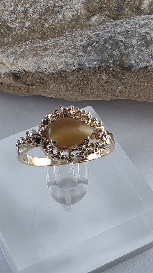 14K Yellow Gold Tiger Eye Cocktail Ring Size 8.25, Solid Gold!