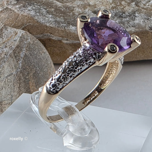 14K Yellow Gold Amethyst and Genuine Diamond Ring Size 8.75 - Solid Gold!