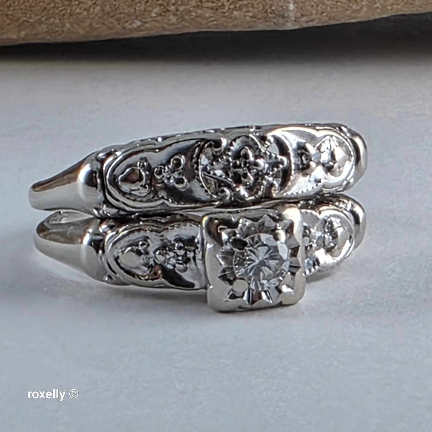 Vintage 14K White Gold Art-Deco Diamonds Two Rings Joined Size 8