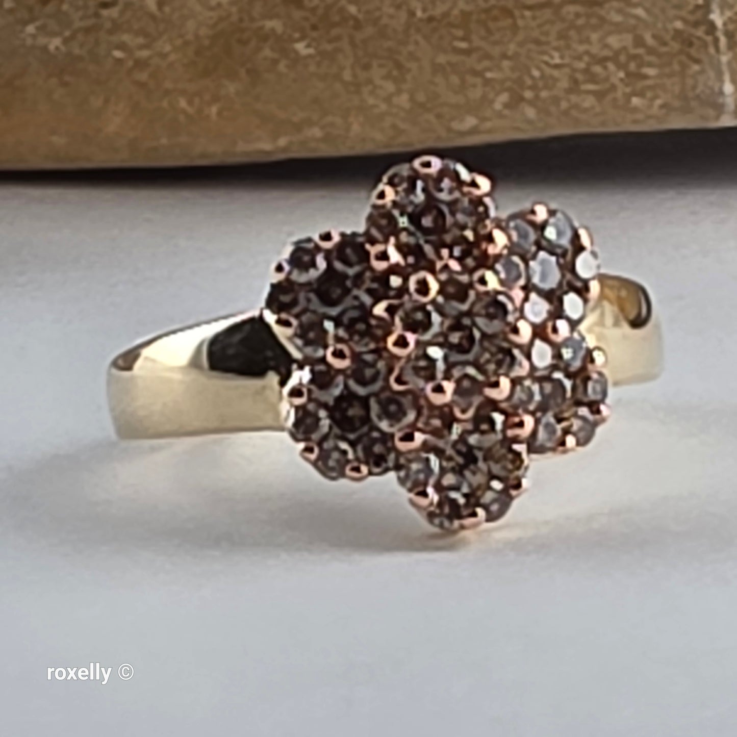 10K Yellow Gold Flower-Shaped Genuine Champagne Diamond Ring Size 8 - Solid Gold!