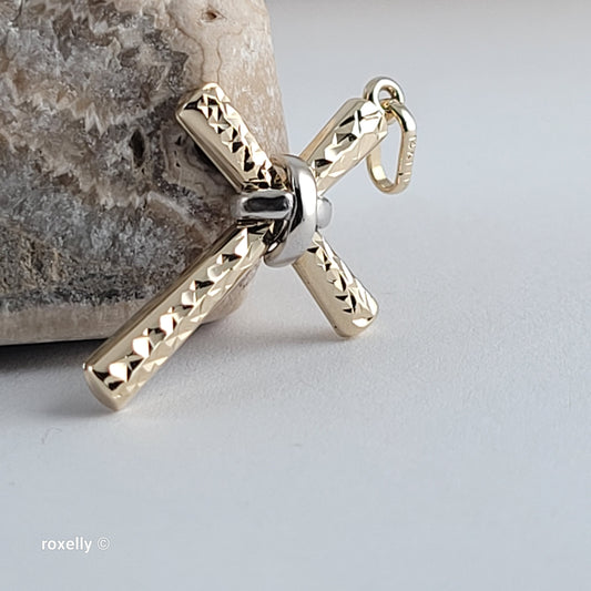 14K Two-Tone Gold Diamond-Cut Cross Pendant - Solid Gold, Made in Italy