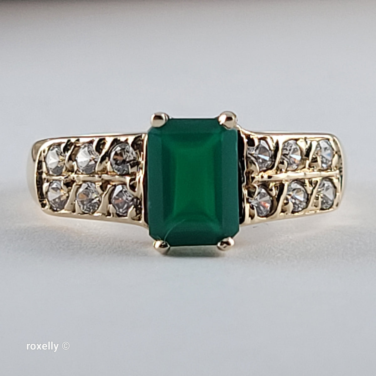 14K Yellow Gold Emerald and White Quartz Ring Size 6.5 - Solid Gold