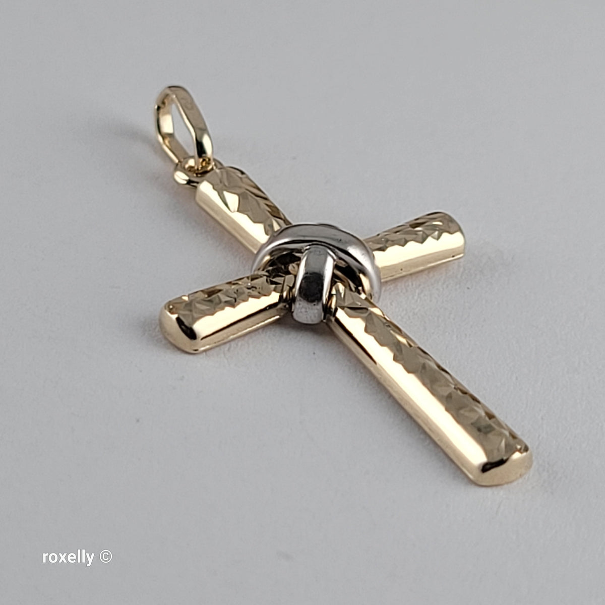 14K Two-Tone Gold Diamond-Cut Cross Pendant - Solid Gold, Made in Italy