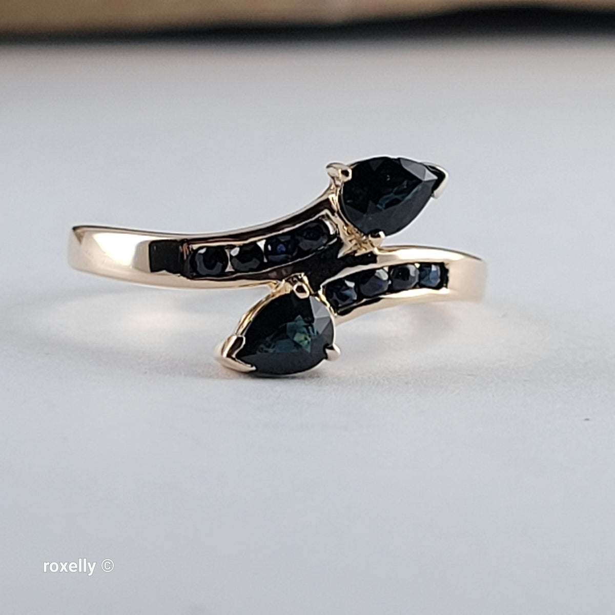 14K Yellow Gold Dark Blue Sapphire Bypass Ring Size 6.5 - Solid Gold