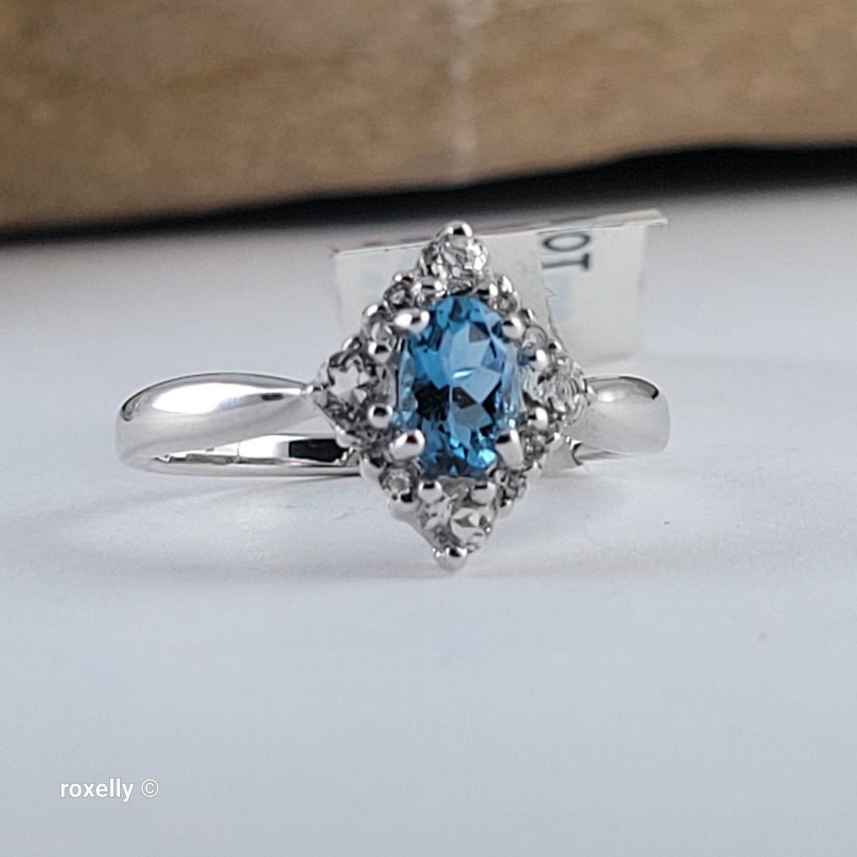 14K White Gold Blue and White Topaz Ring Size 6.75 - Solid Gold
