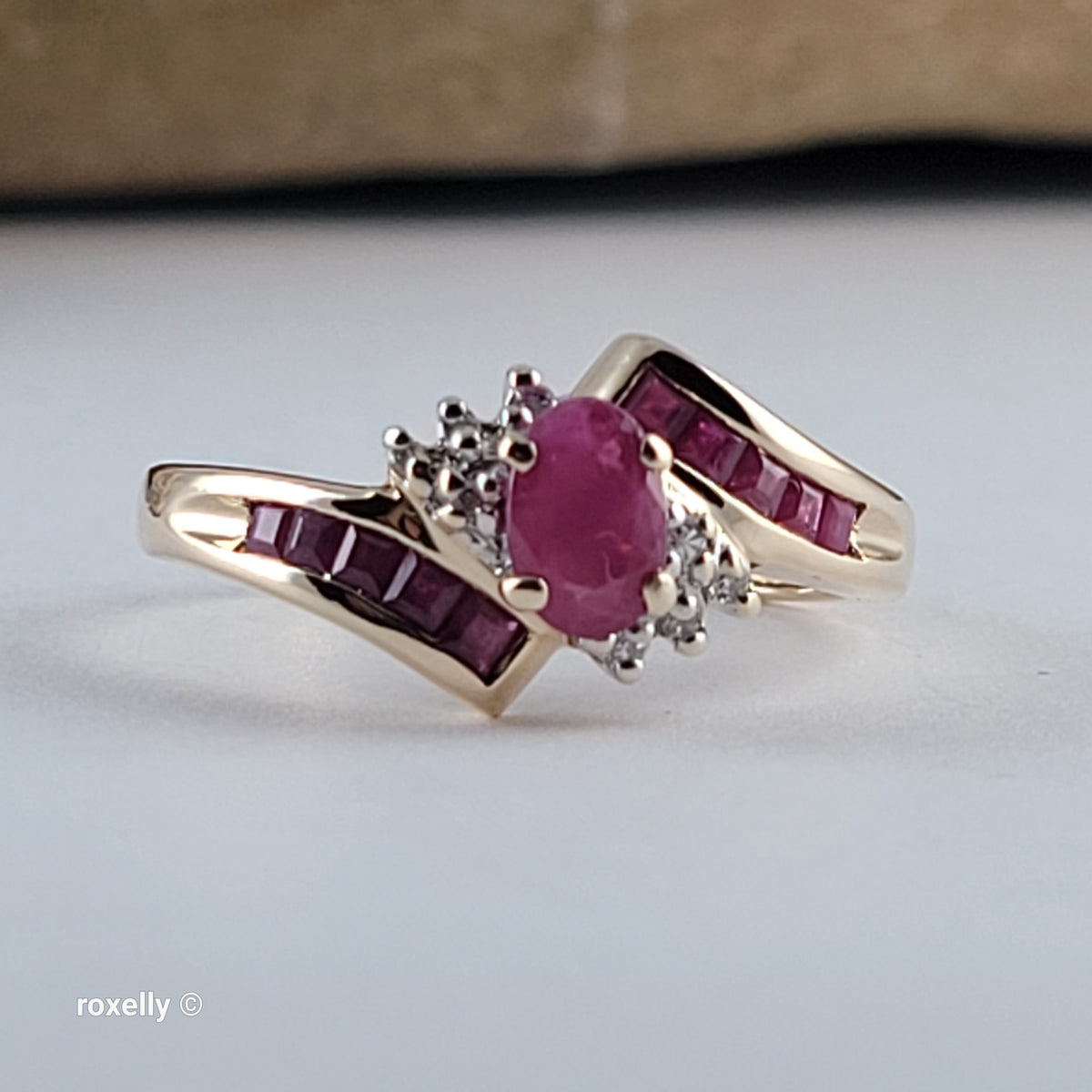 10K Yellow Gold Ruby and Genuine Diamond Bypass Ring Size 7 - Solid Gold