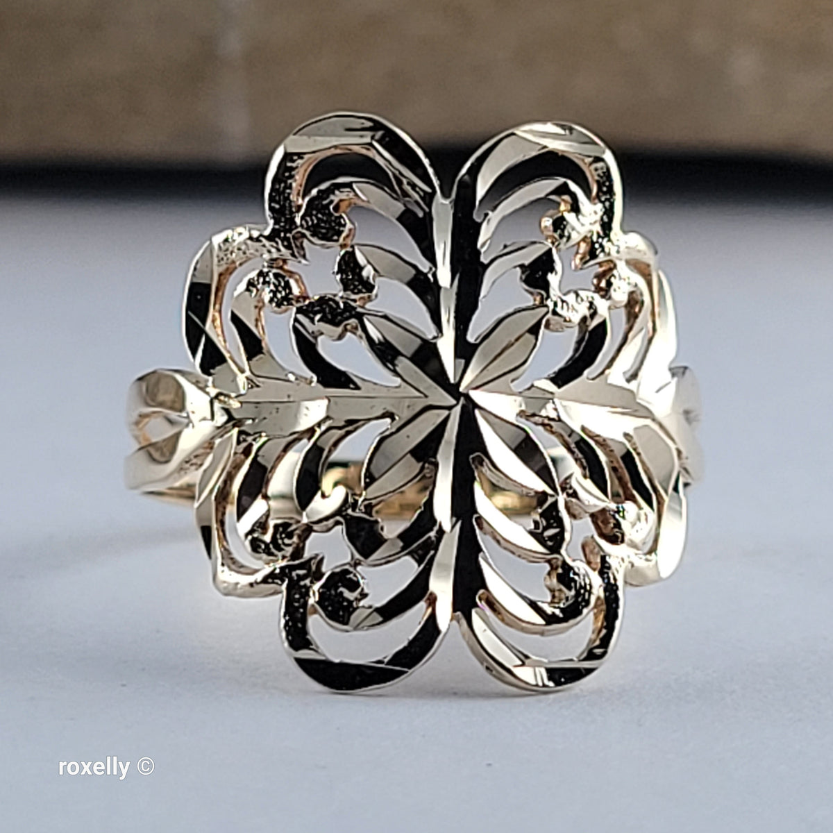 14K Yellow Gold Diamond-Cut Flower Ring Size 7.25 - Solid Gold