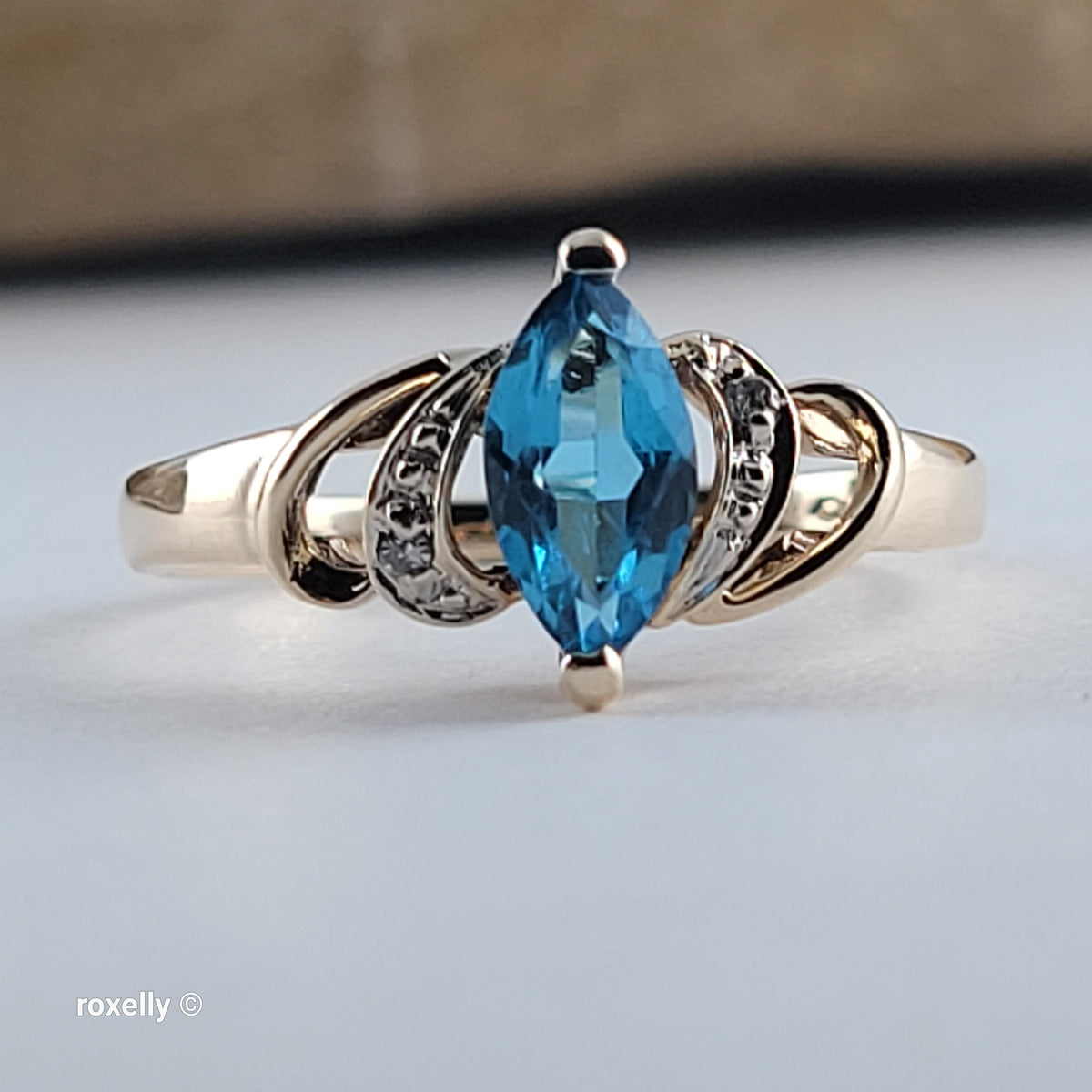 10K Yellow Gold Blue Topaz and Genuine Diamonds Ring Size 6.5 - Solid Gold