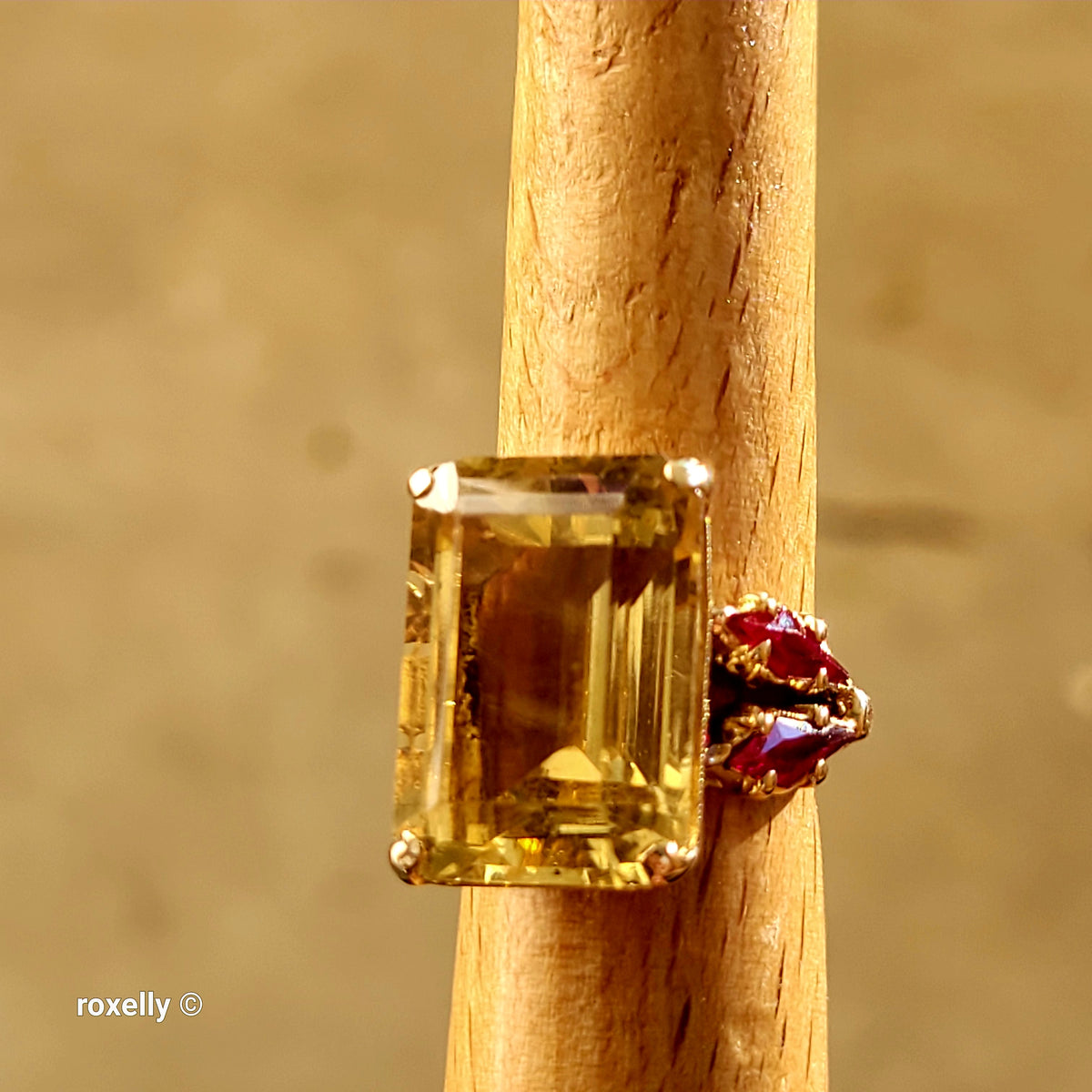 14K Yellow Gold Citrine Gemstone and Rubies Ring, Size 5 - Solid Gold