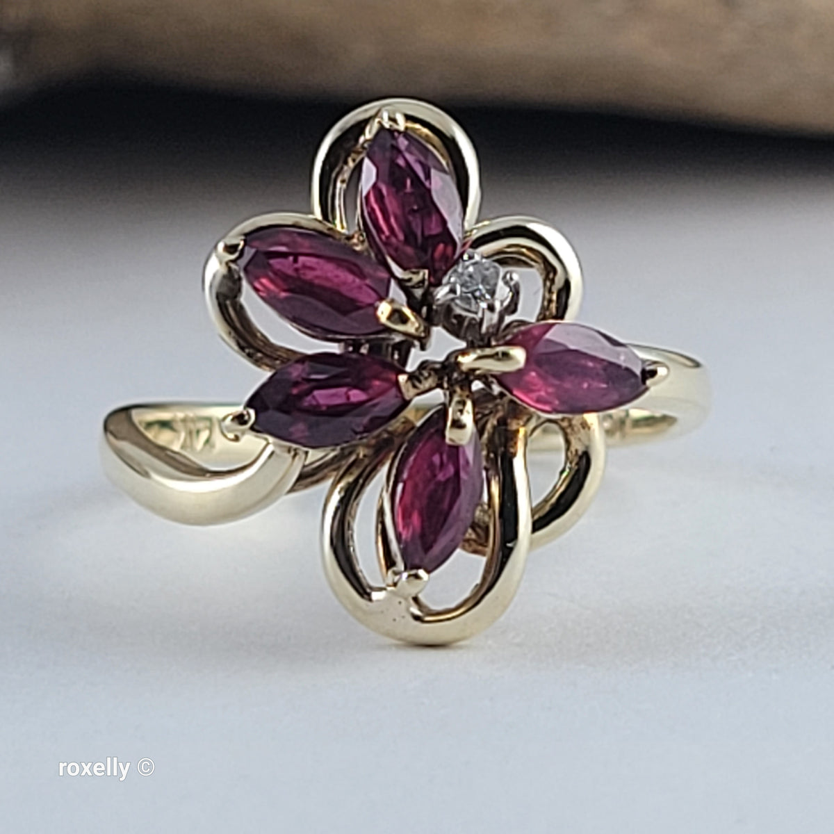 14K Yellow Gold Rubies and Diamond Flower-Shaped Ring Size 6.5 - Solid Gold