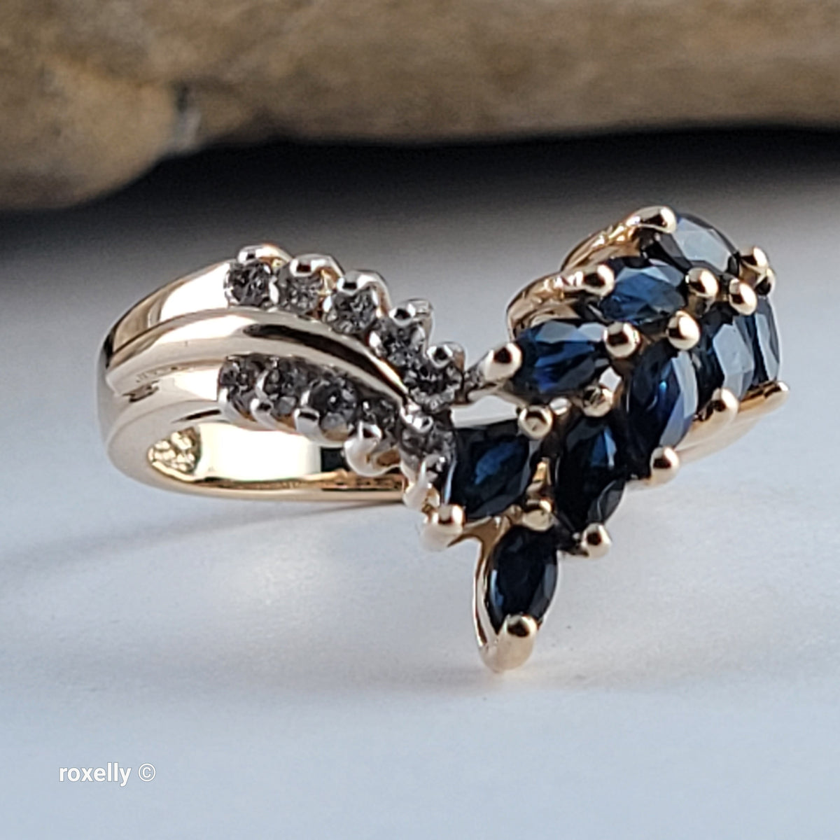 14K Yellow Gold Sapphires and Genuine Diamonds Tiara Ring Size 6.75 - Solid Gold