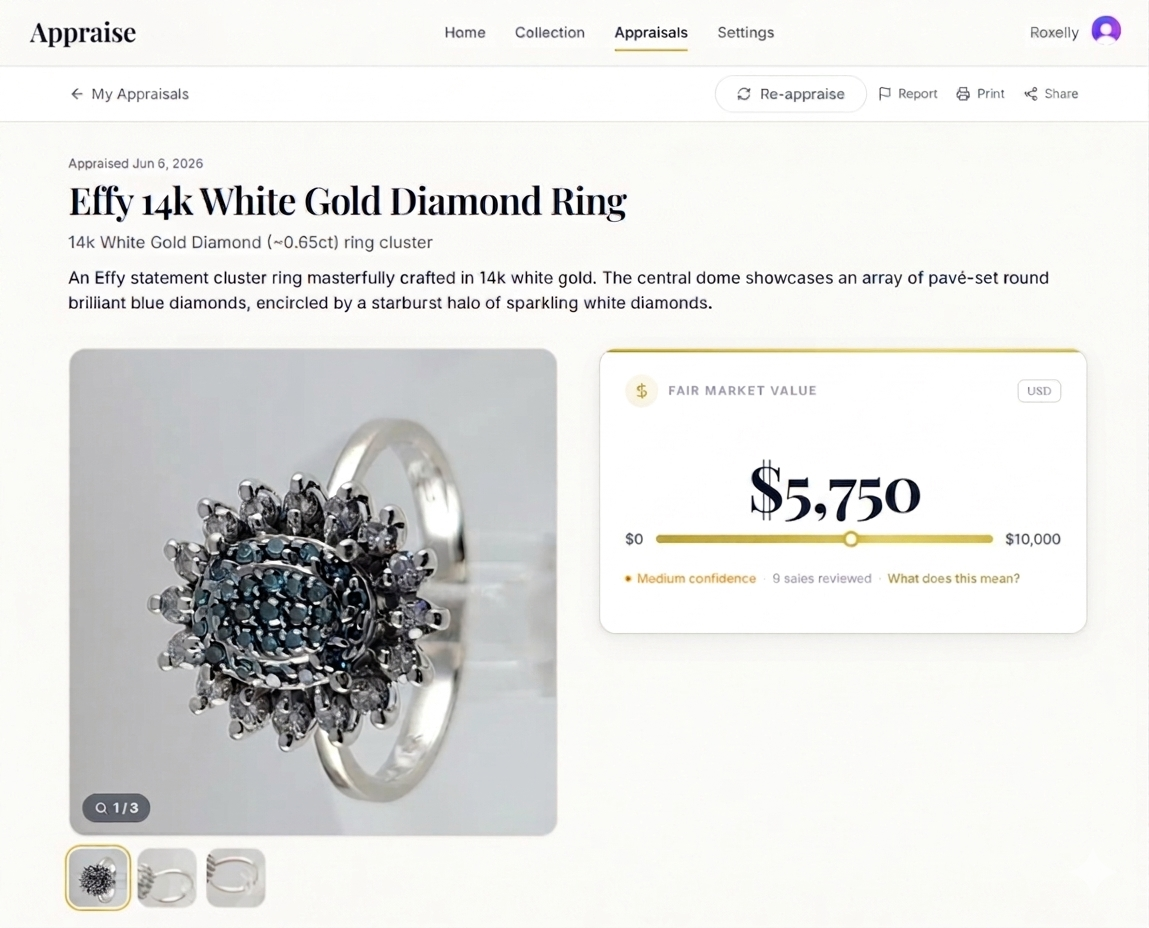 Vintage EFFY 14K White Gold Blue & White Natural Diamond Cluster Ring Size 7