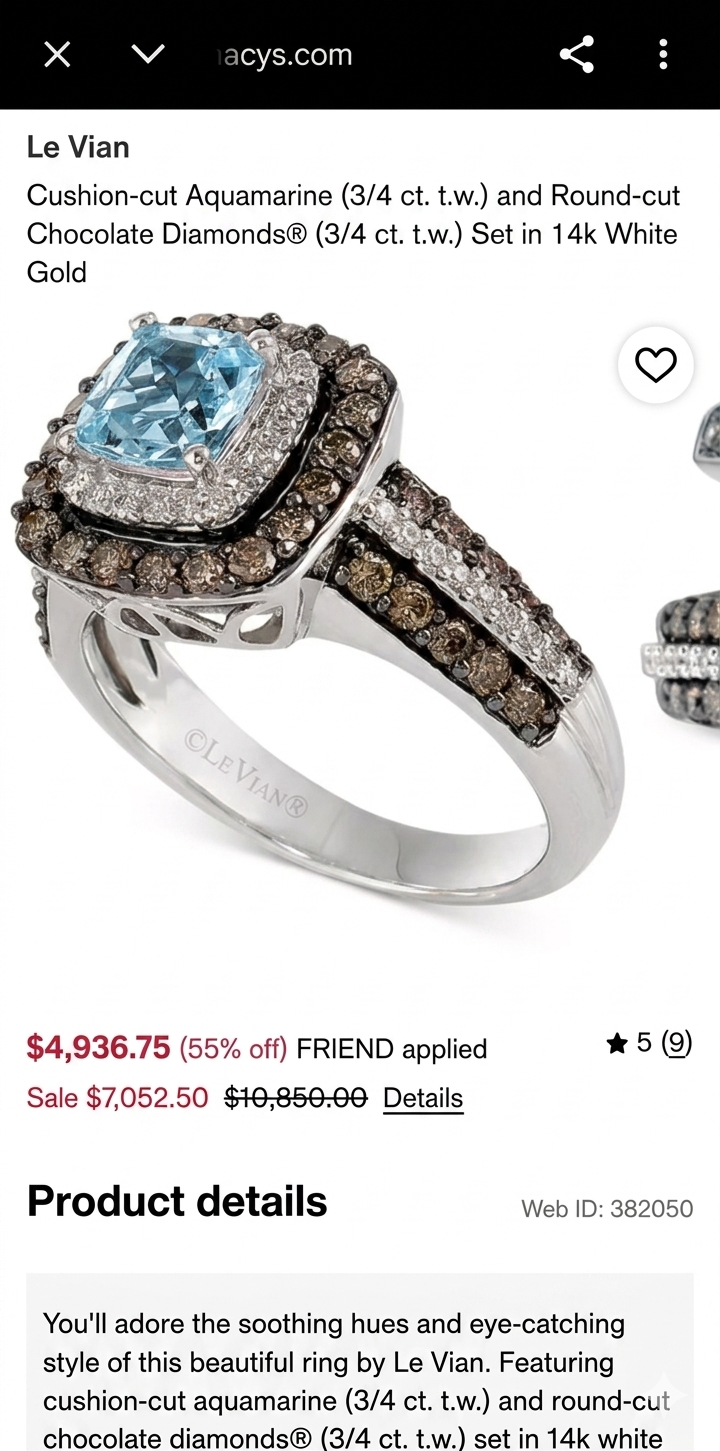 Le Vian 14K White Gold Aquamarine Chocolate & Vanilla Diamond Ring Size 8.75