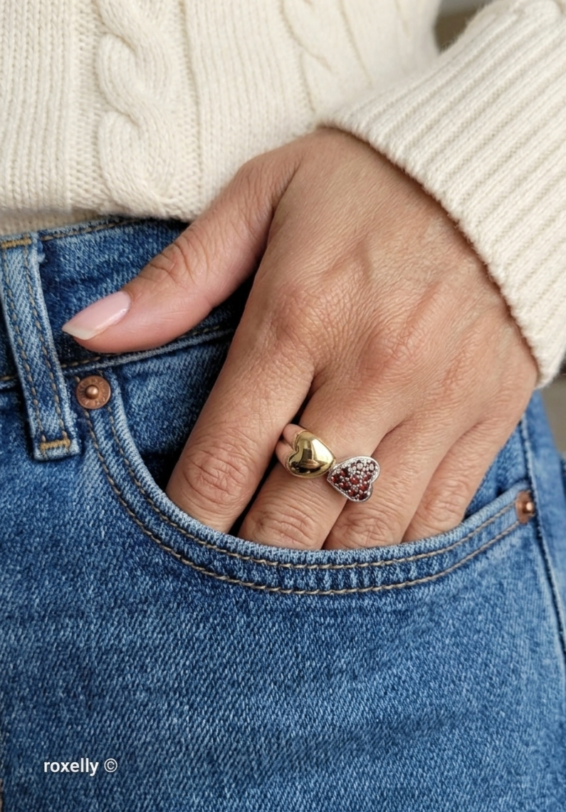 Sterling Silver 925 Double Heart Garnet Ring with 18K Yellow Gold Heart Size 8