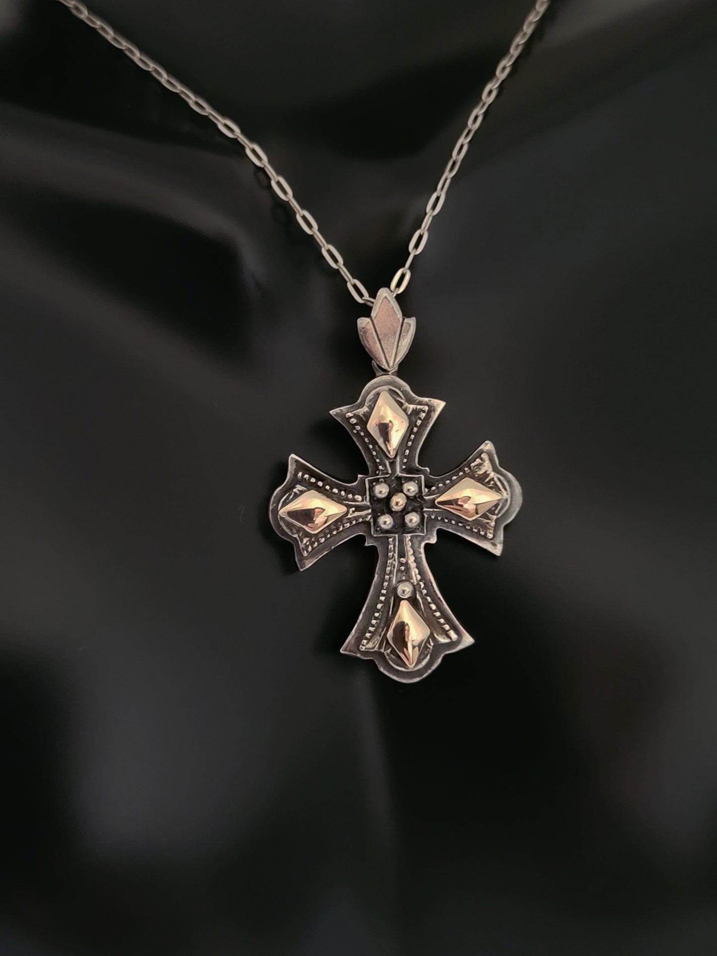 950 Oxidized Silver and 14k Solid Gold Cross-Shaped Vintage Pendant