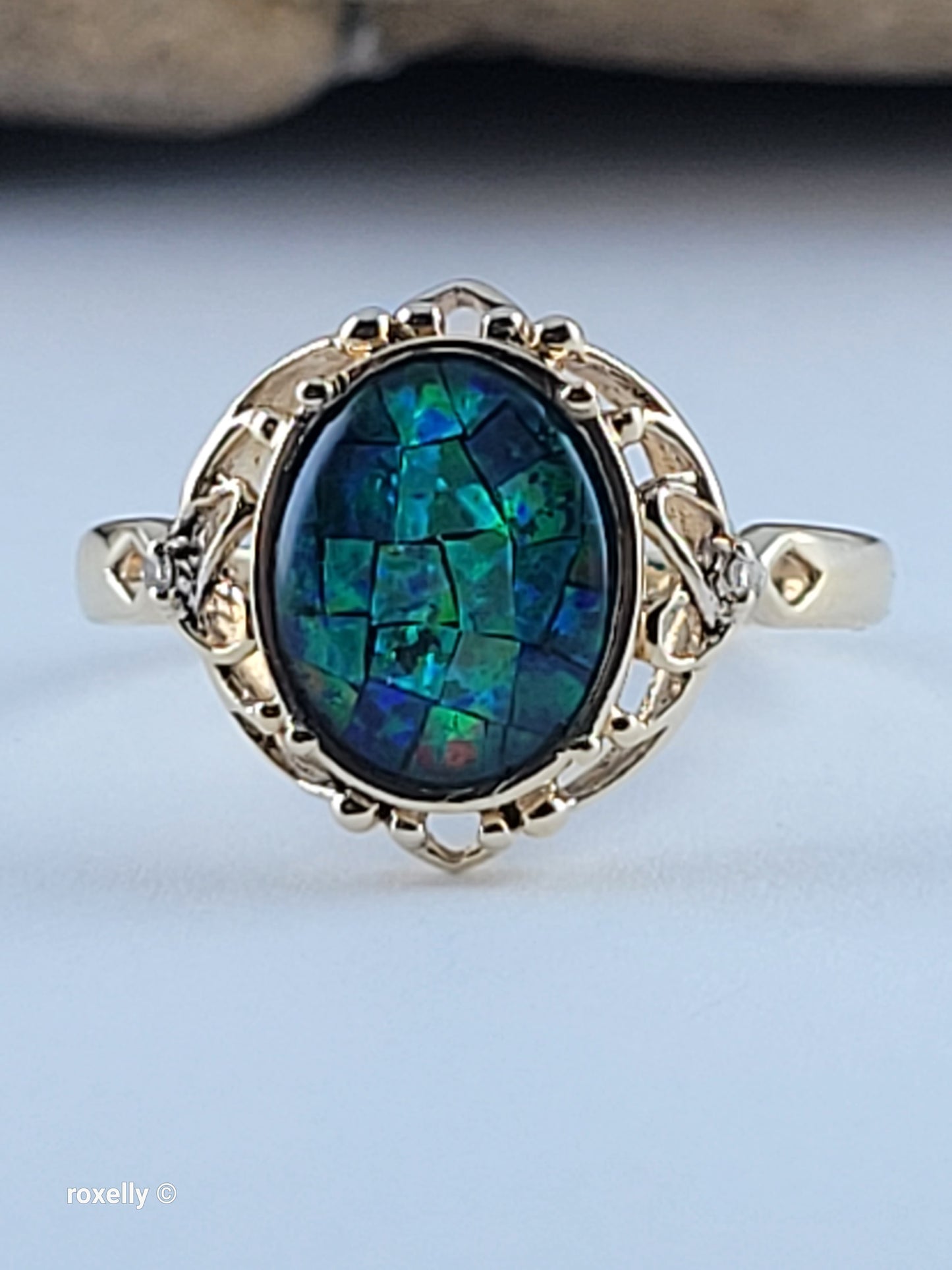 10K Yellow Gold Mosaic Opal and Diamonds Cocktail Ring Size 7, Solid Gold!