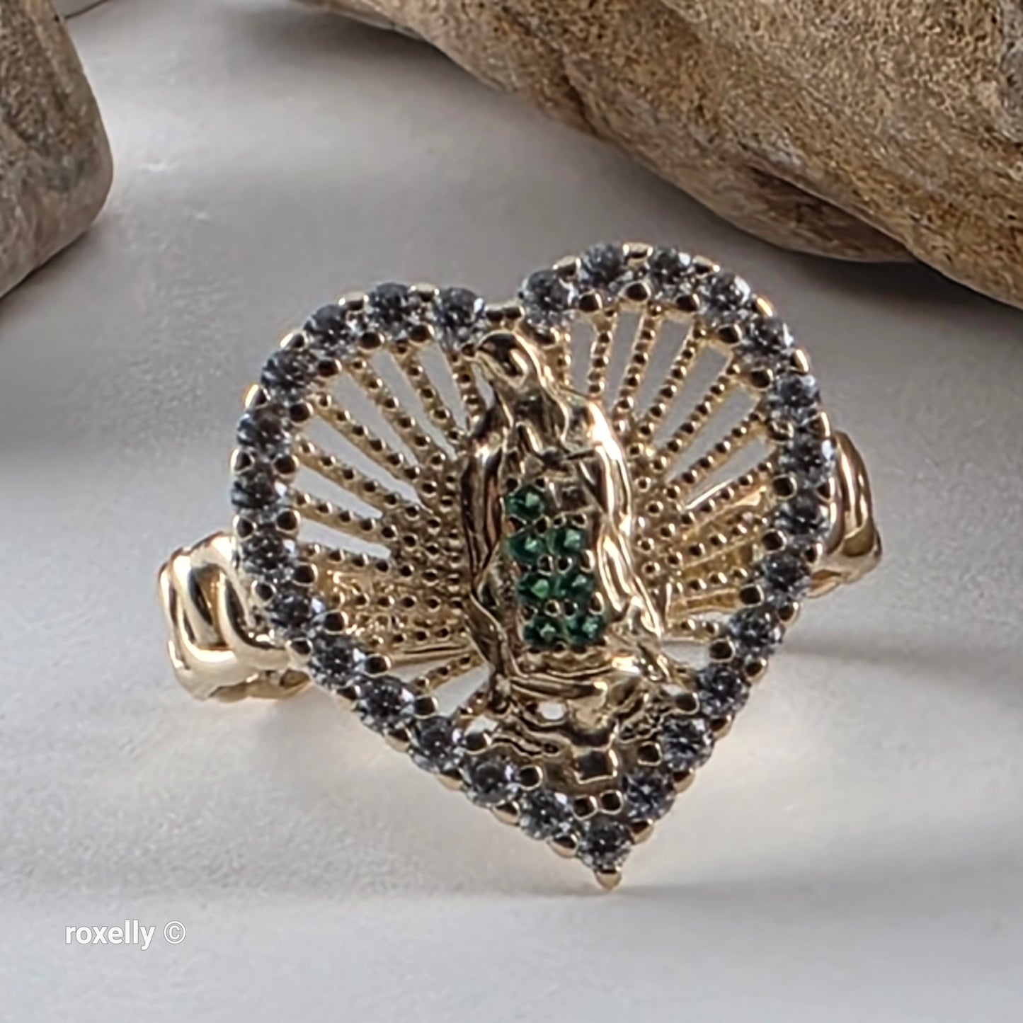 14K Yellow Gold, Heart-Shaped Lady of Guadalupe with Green and White Cubic Zirconia Ring Size 8, Solid Gold!