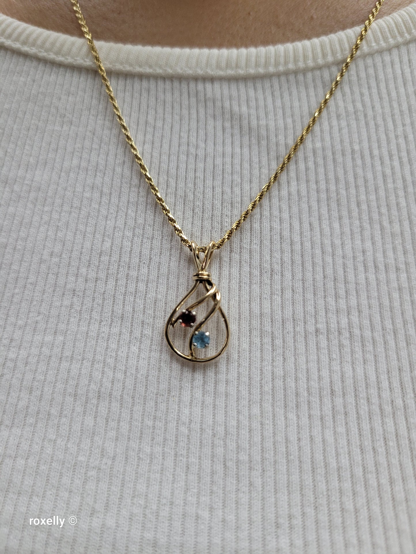 14K Yellow Gold Diamond-Cut Rope Chain Garnet and Blue Topaz Pendant, Made in Italy!