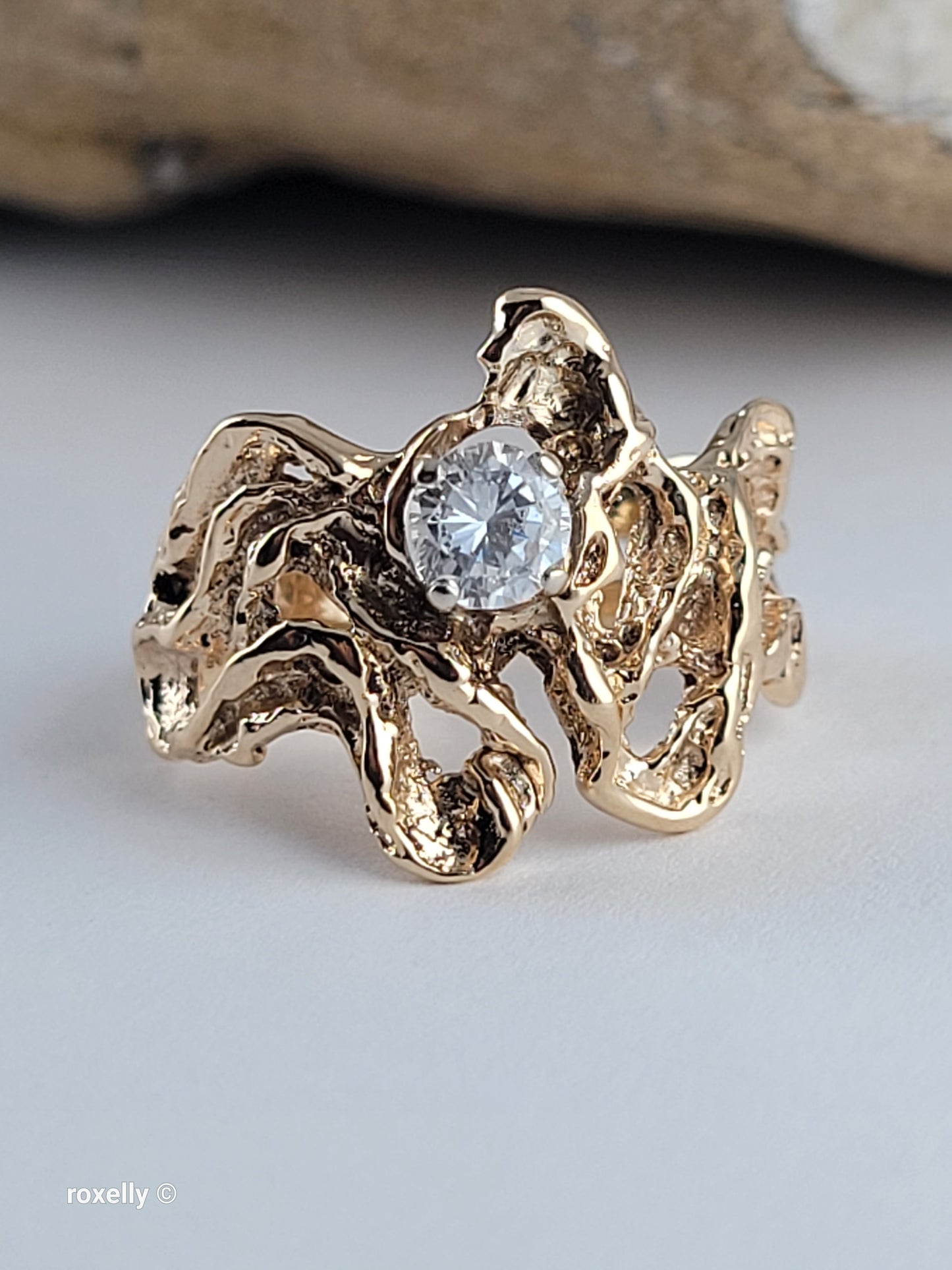 14K Yellow Gold Vintage Cubic Zirconia Brutalist Ring, Solid Gold!