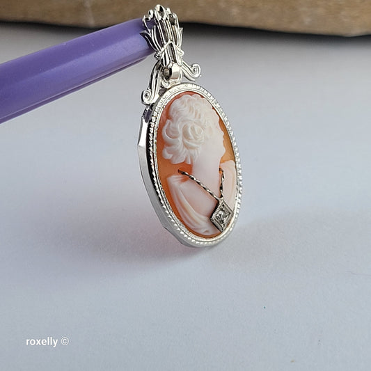 Vintage 14K White Gold Italian Cameo Brooch/Pendant & Genuine Diamond - view 2