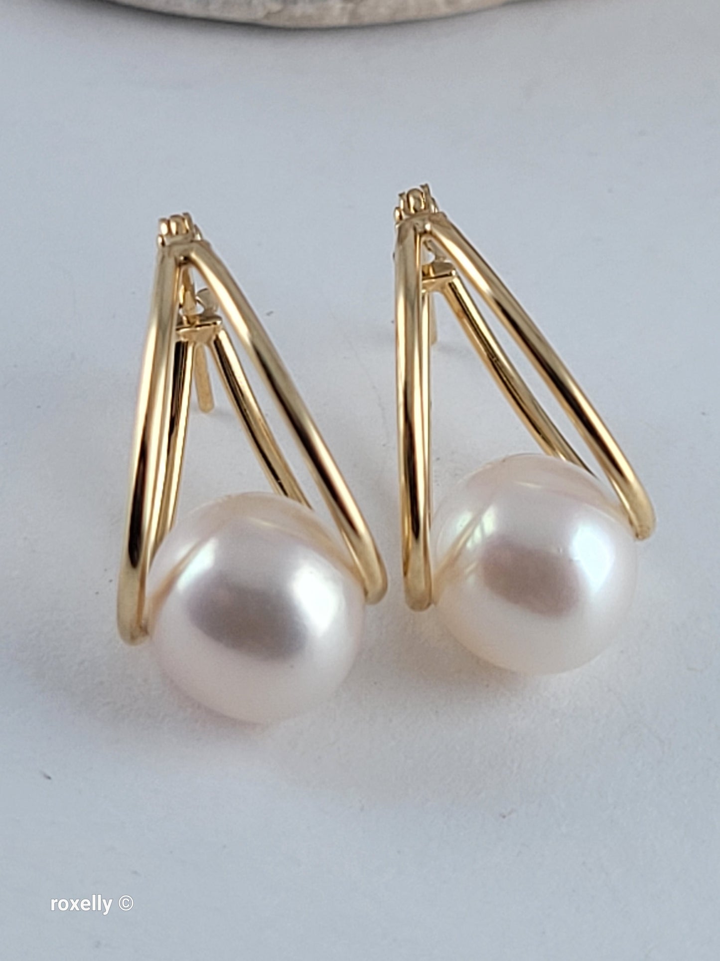 14K Yellow Gold Freshwater Pearl Double Hoop Earrings, Solid Gold!