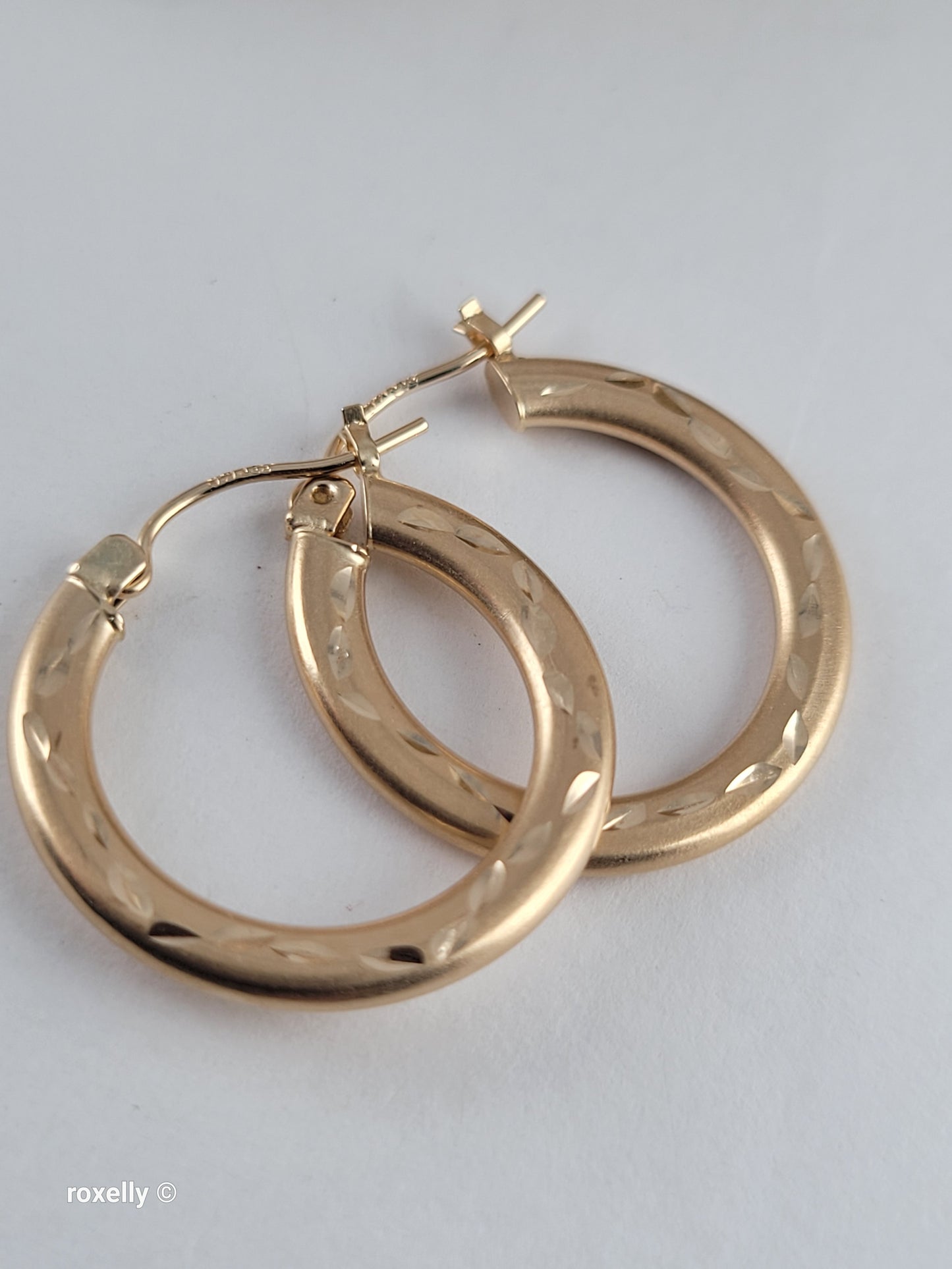 14K Yellow Gold Diamond-Cut Satin Hoop Earrings, Solid Gold