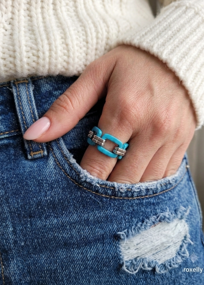 Turquoise Flexible Link Ring in 925 Sterling Silver, Size 8, Colleen Lopez HSN Statement Jewelry 👌🎁