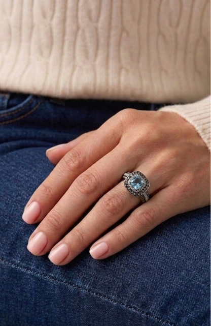 Le Vian 14K White Gold Aquamarine Chocolate & Vanilla Diamond Ring Size 8.75