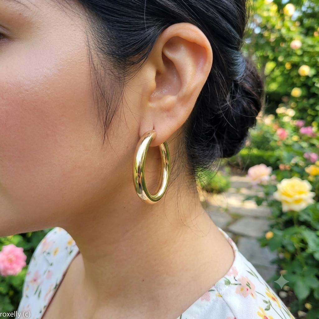14K Yellow Gold Huge Tubular Hoop Earrings - Solid Gold!