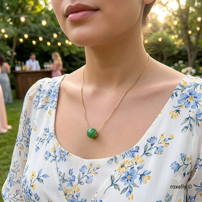 14K Yellow Gold Box Link Necklace and Jade Pendant - Solid Gold!