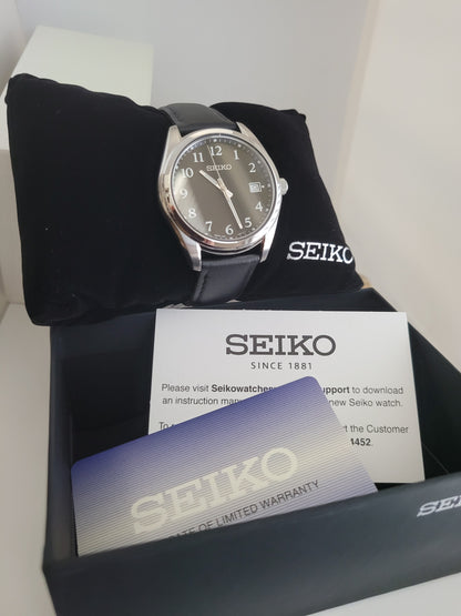 $225, Seiko 40.2mm Sapphire crystal, bold Arabic numerals on a rich black dial