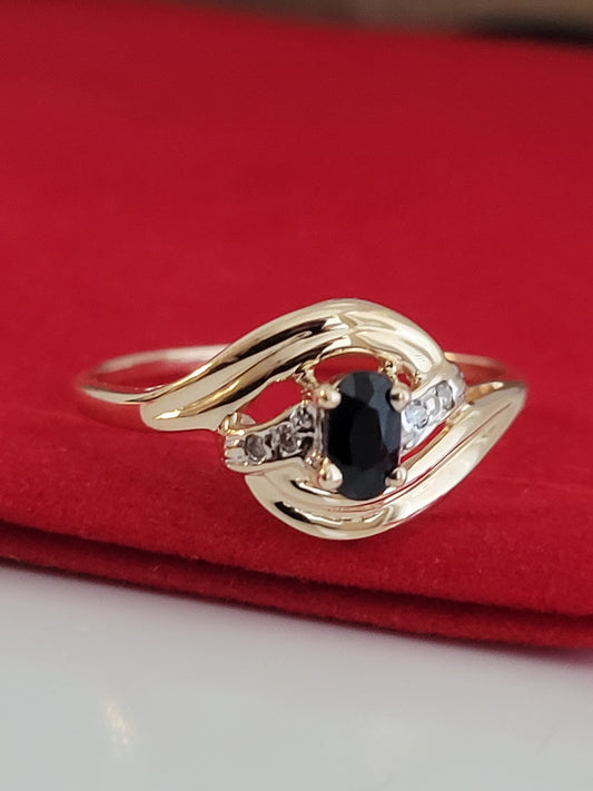 10k Size 8.75 Lovely Solid Yellow Gold Dark Sapphire and Genuine Diamonds Ring!