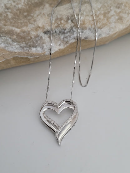 Heart-Shaped And Genuine Diamonds Pendant And Necklace, Sterling Silver