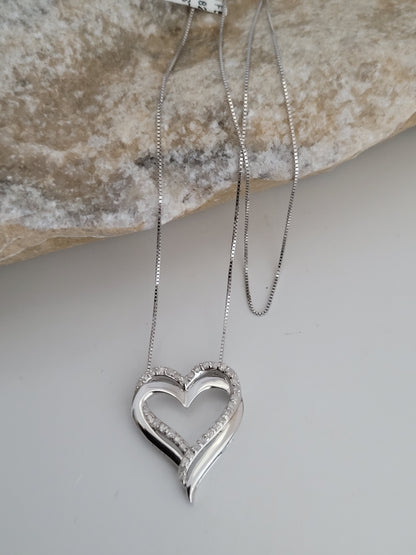 Heart-Shaped And Genuine Diamonds Pendant And Necklace, Sterling Silver