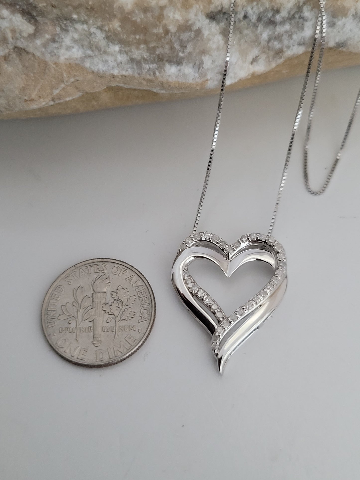 Heart-Shaped And Genuine Diamonds Pendant And Necklace, Sterling Silver