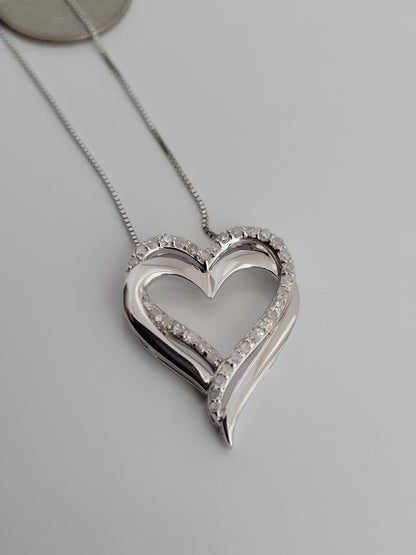 Heart-Shaped And Genuine Diamonds Pendant And Necklace, Sterling Silver