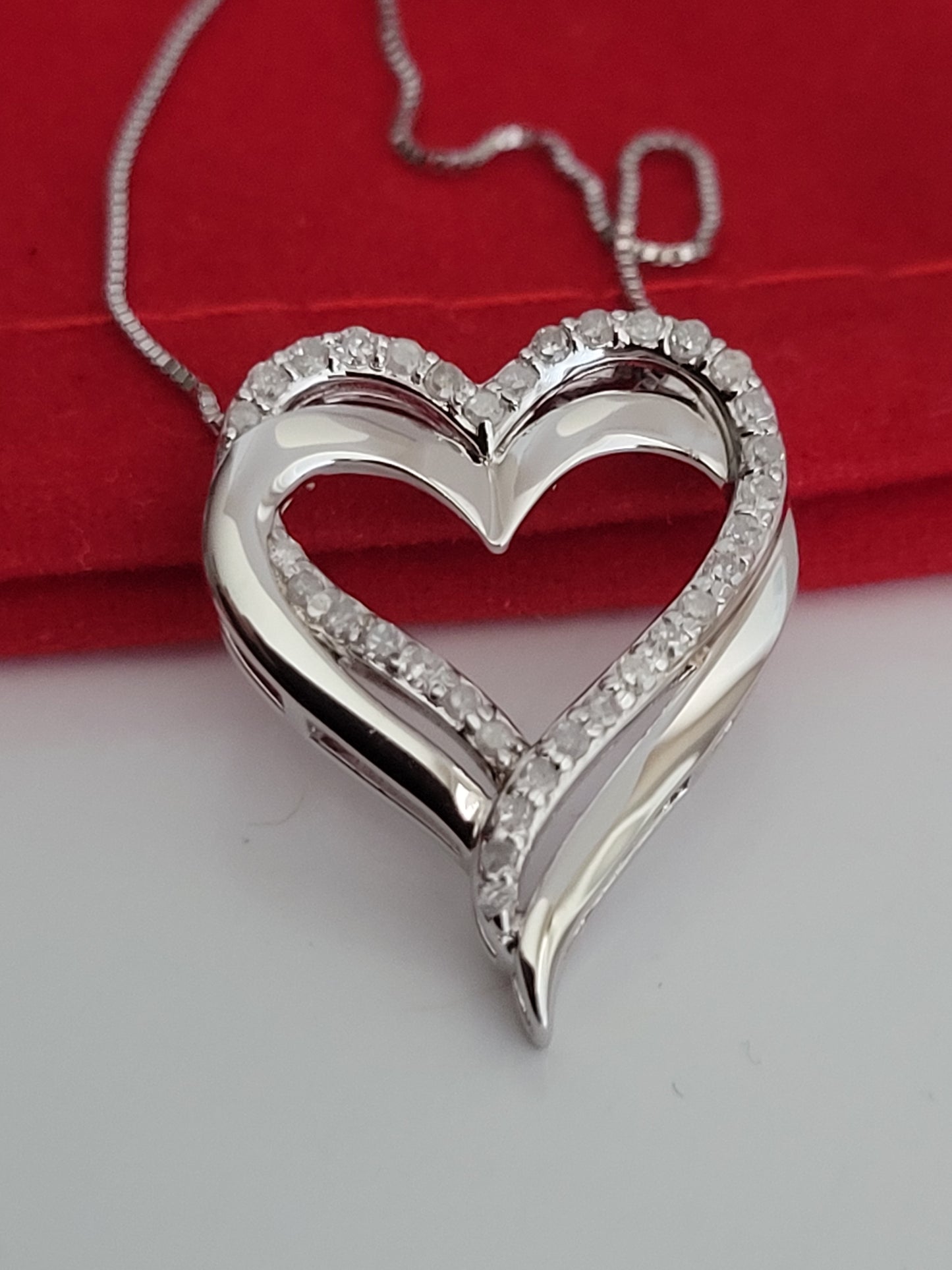 Heart-Shaped And Genuine Diamonds Pendant And Necklace, Sterling Silver