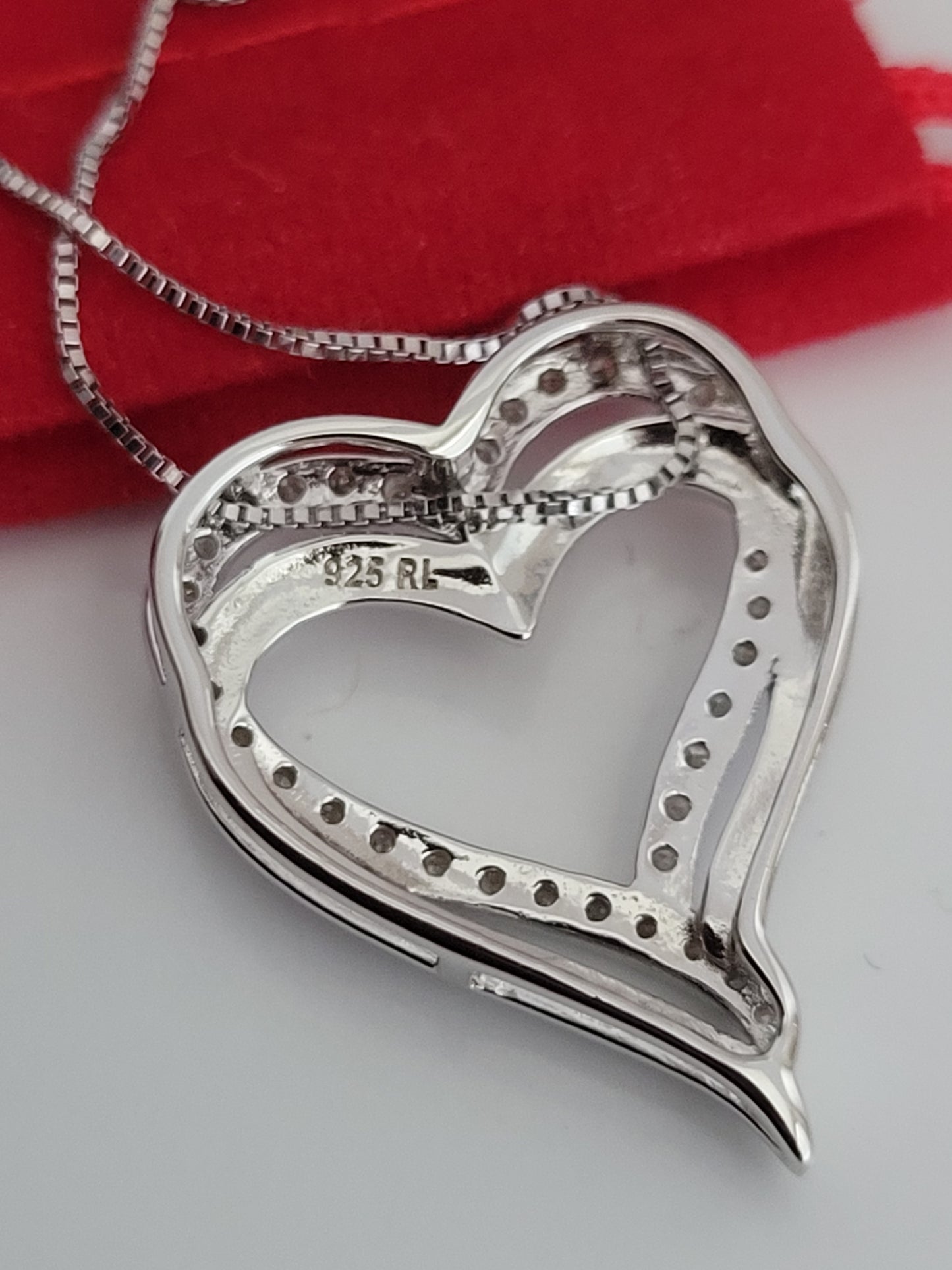 Heart-Shaped And Genuine Diamonds Pendant And Necklace, Sterling Silver