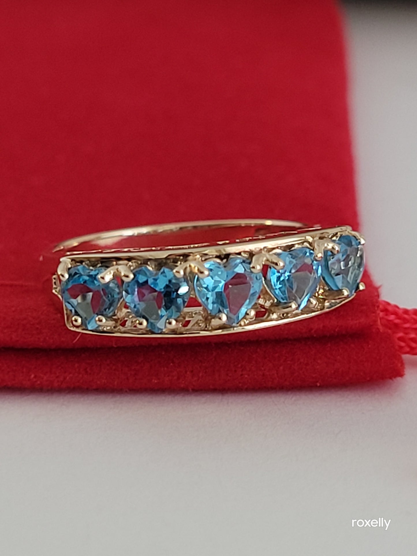 10k Size 6.75Amazing Solid Yellow Gold Blue Topaz “I Love You” Band Ring!