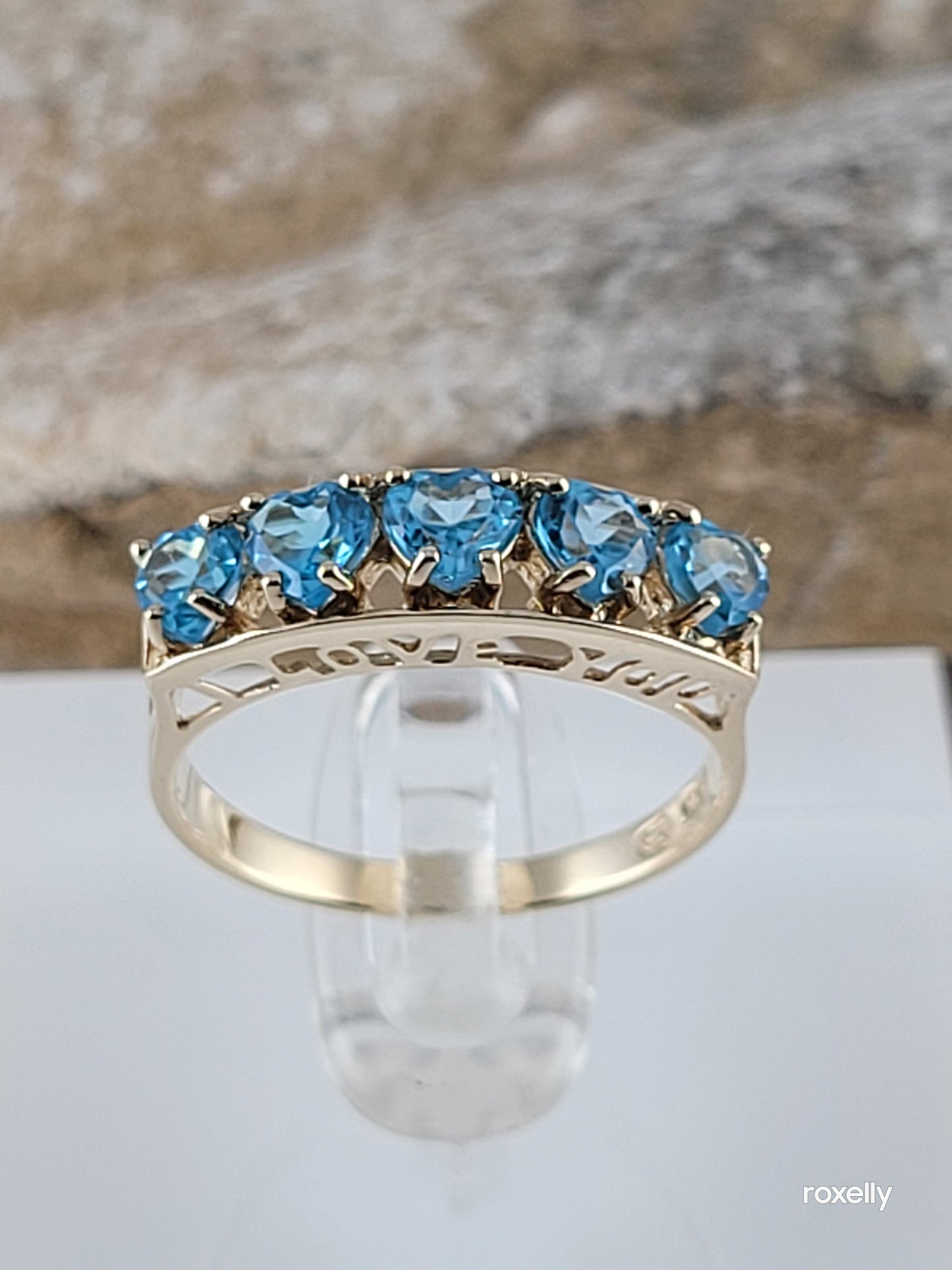 10k Size 6.75Amazing Solid Yellow Gold Blue Topaz “I Love You” Band Ring!