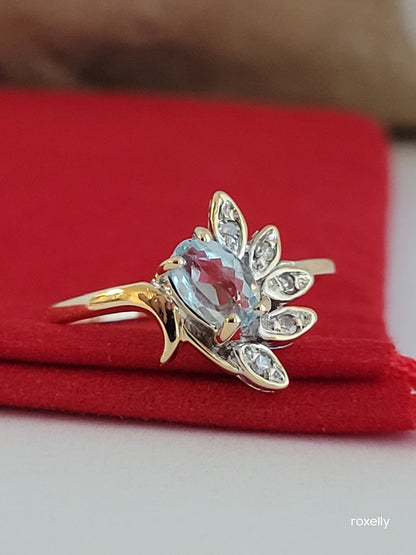 14k Size 6.25 Fancy Solid Yellow Gold Flower-Shaped Aquamarine and Diamond Ring!