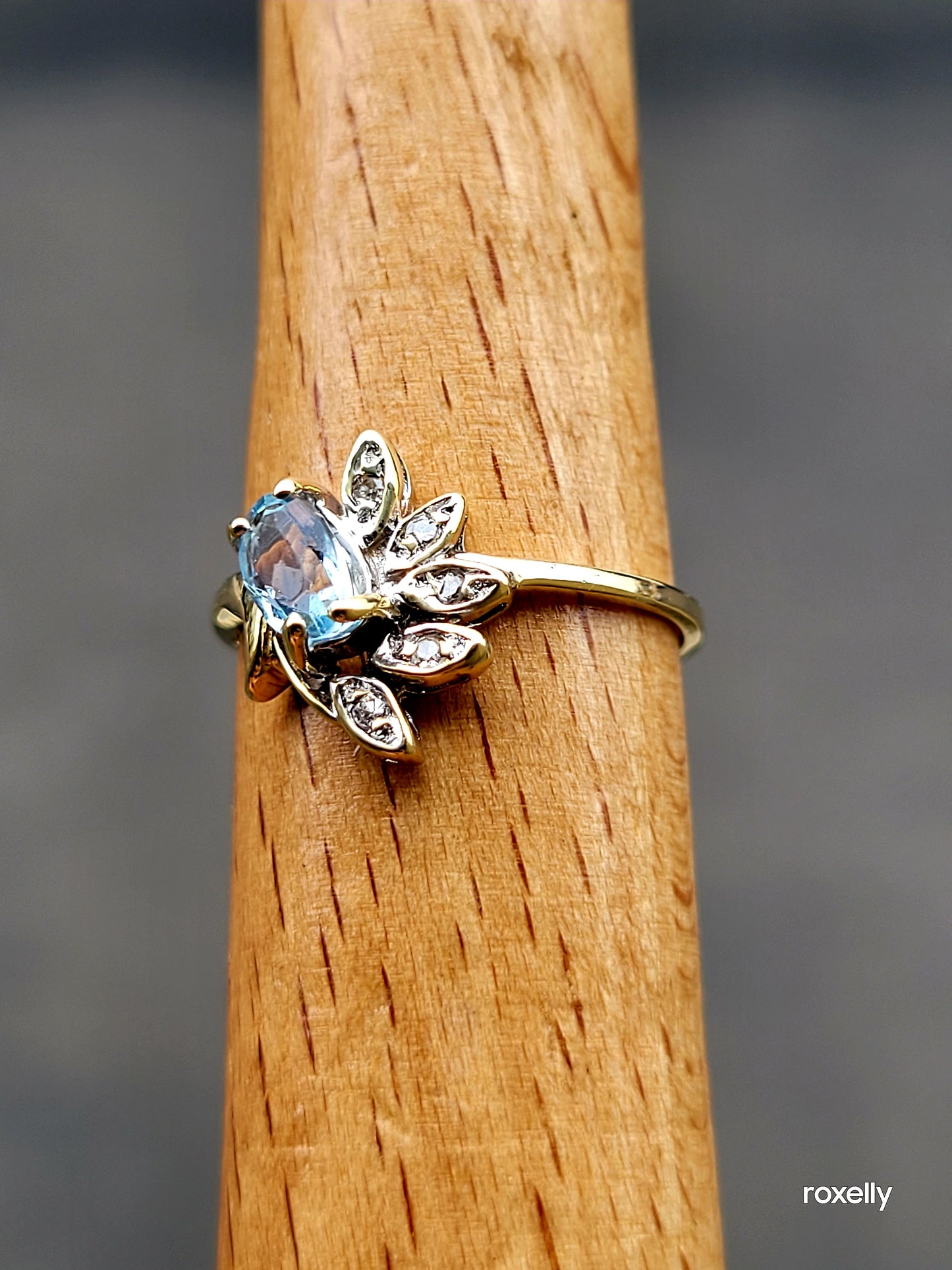 14k Size 6.25 Fancy Solid Yellow Gold Flower-Shaped Aquamarine and Diamond Ring!