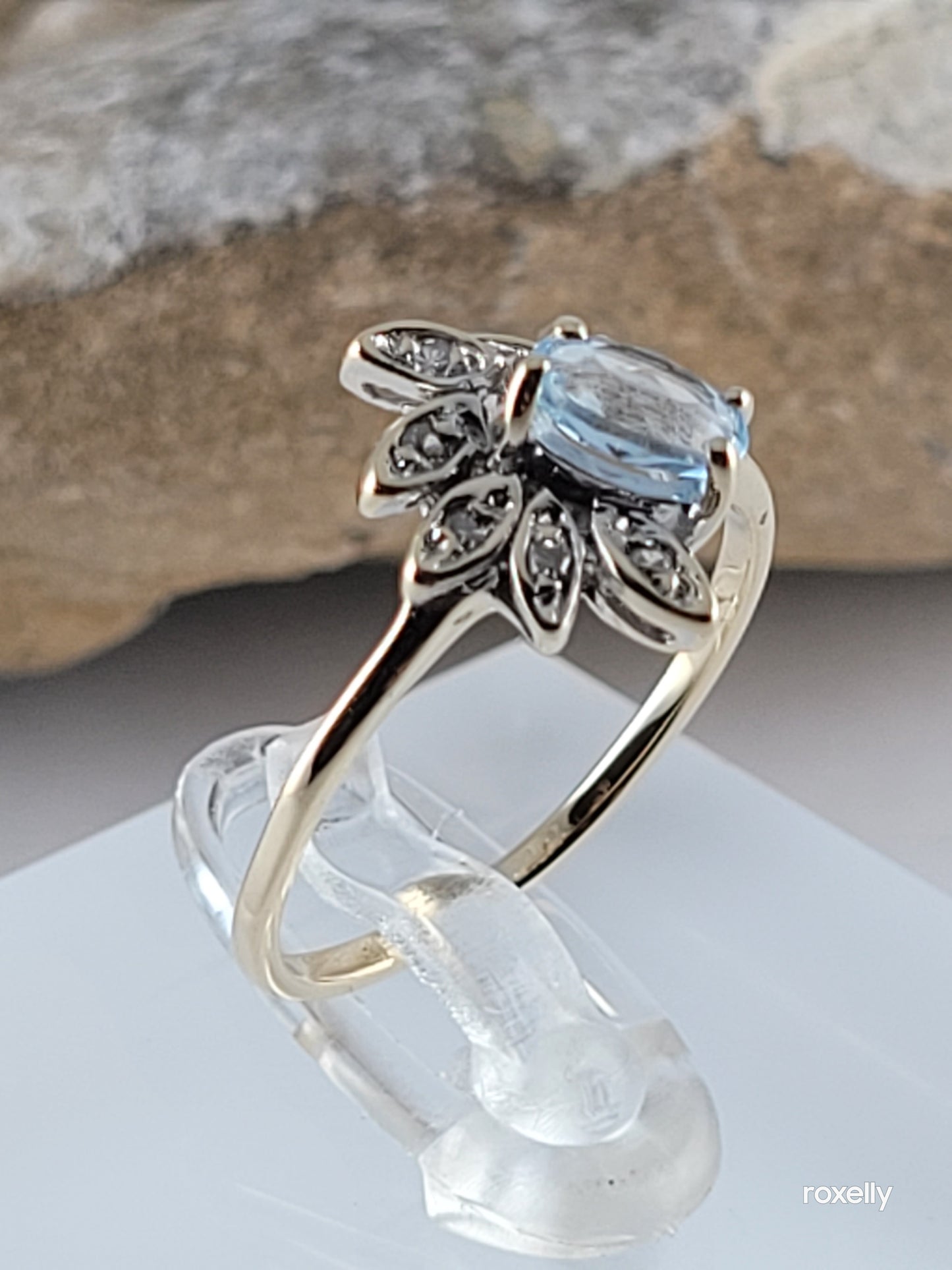 14k Size 6.25 Fancy Solid Yellow Gold Flower-Shaped Aquamarine and Diamond Ring!