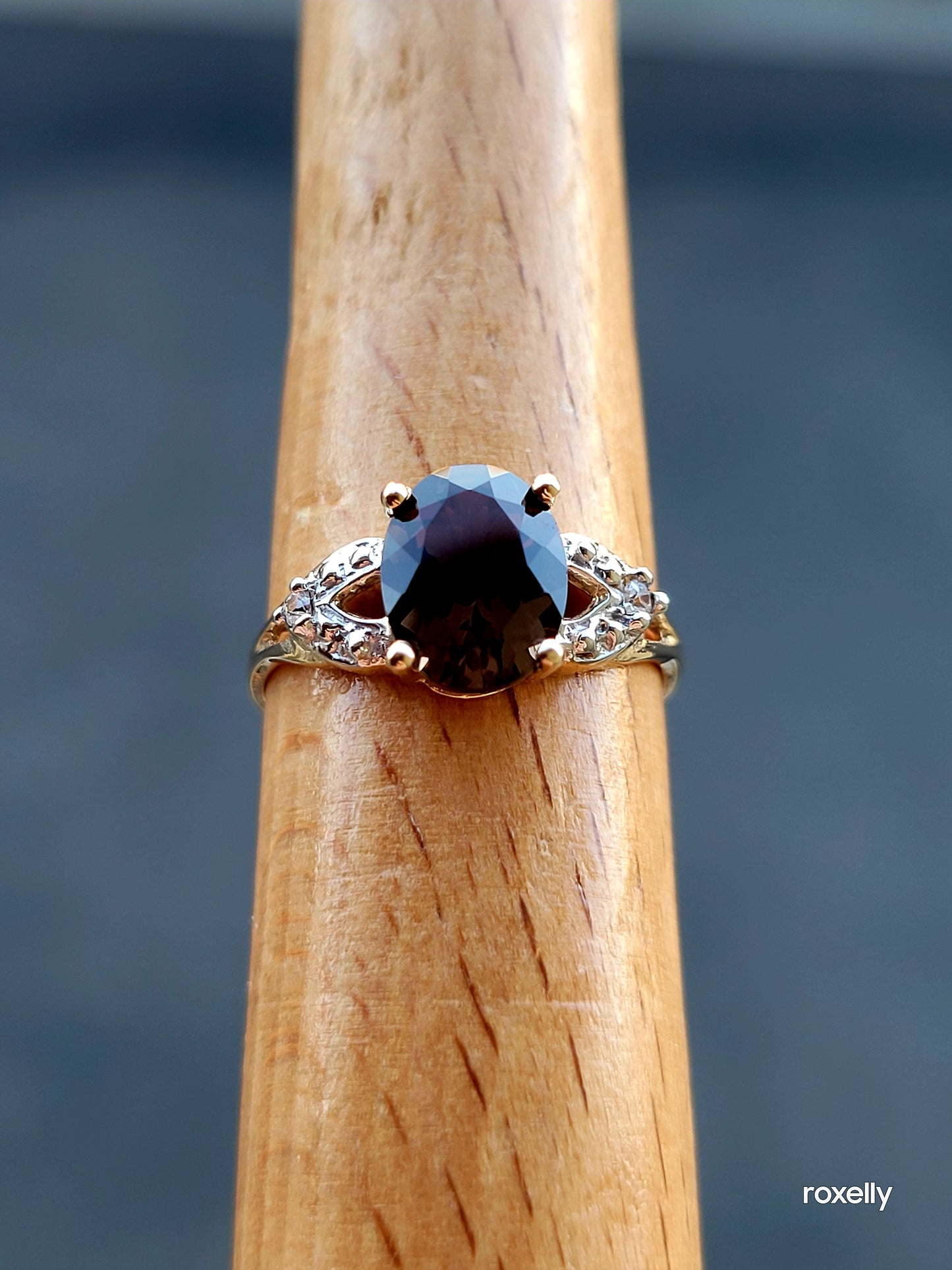 14k Size 7 Fancy Solid Yellow Gold Smoky Topaz and Genuine Diamond Ring!